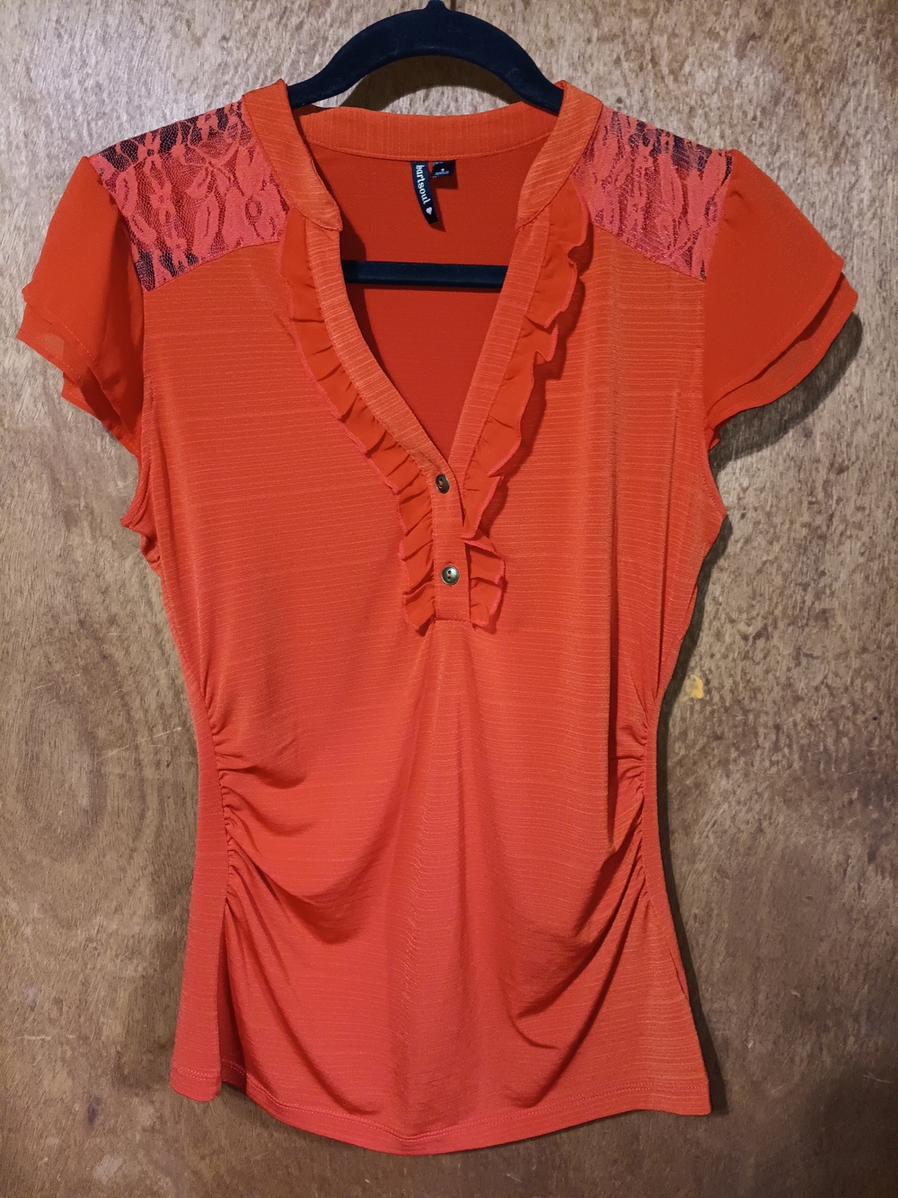 Heart Soul Orange Ruffle V-Neck Blouse with Lace Shoulders